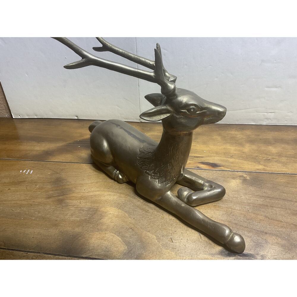 Vintage Solid Brass Stag Deer Sculpture Reclining Large Figurine 12in - Picture 7 of 12